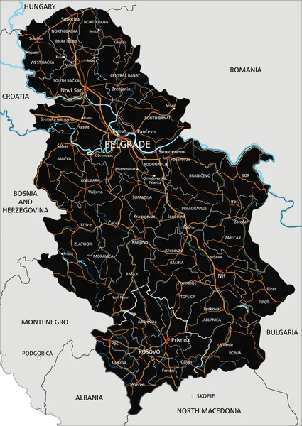 Mapa Estradas Sérvia Detalhado Com Rotulagem —  Vetores de Stock