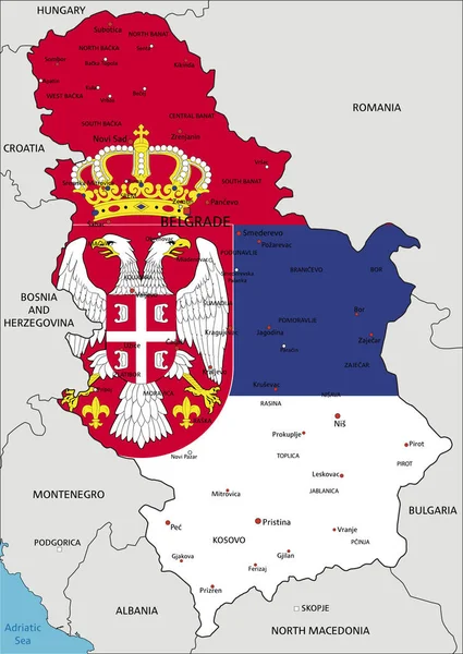 Szerbia Rendkívül Részletes Politikai Térképe Fehér Alapon Elszigetelt Nemzeti Zászlóval — Stock Vector