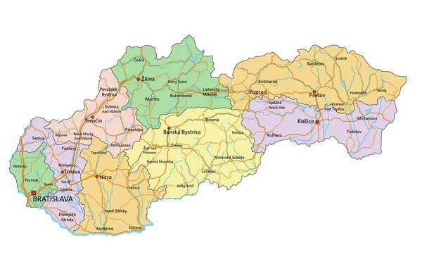 Словакия Подробная Редактируемая Политическая Карта Маркировкой — стоковый вектор