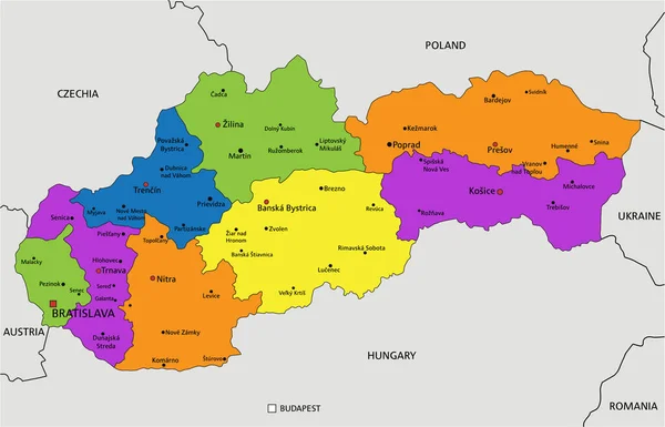 Красочная Политическая Карта Словакии Четко Обозначенными Разделенными Слоями Векторная Иллюстрация — стоковый вектор