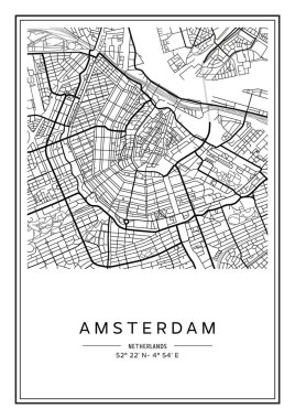 Siyah-beyaz yazdırılabilir Amsterdam şehir haritası, poster tasarımı, vektör listelemesi.
