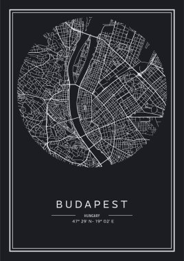 Siyah beyaz basılabilir Budapeşte şehir haritası, poster tasarımı, vektör listelemesi.