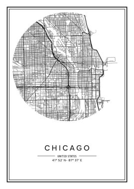 Siyah ve beyaz basılabilir Chicago şehir haritası, poster tasarımı, vektör listelemesi.