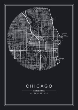 Siyah ve beyaz basılabilir Chicago şehir haritası, poster tasarımı, vektör listelemesi.