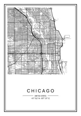 Siyah ve beyaz basılabilir Chicago şehir haritası, poster tasarımı, vektör listelemesi.