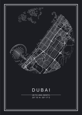 Siyah ve beyaz basılabilir Dubai şehir haritası, poster tasarımı, vektör listelemesi.