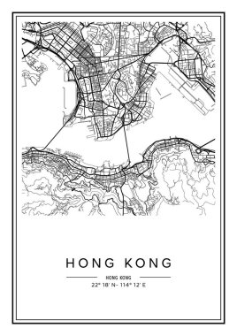 Siyah ve beyaz basılabilir Hong Kong haritası, poster tasarımı, vektör ilüstrasyonu.