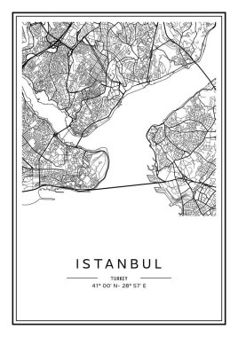 Siyah beyaz basılabilir İstanbul şehir haritası, poster tasarımı, vektör listelemesi.
