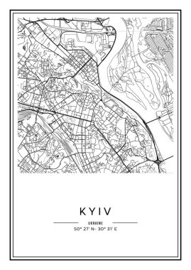 Siyah ve beyaz yazdırılabilir Kyiv şehir haritası, poster tasarımı, vektör listelemesi.