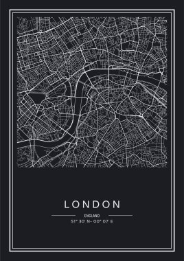 Siyah ve beyaz basılabilir Londra şehir haritası, poster tasarımı, vektör listelemesi.