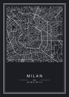 Siyah ve beyaz basılabilir Milan şehir haritası, poster tasarımı, vektör listelemesi.
