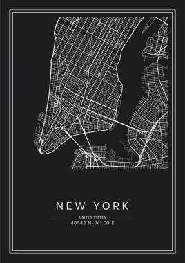 Siyah ve beyaz basılabilir New York şehri haritası, poster tasarımı, vektör listelemesi.