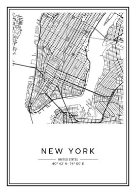 Siyah ve beyaz basılabilir New York şehri haritası, poster tasarımı, vektör listelemesi.