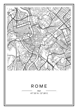 Black and white printable Rome city map, poster design, vector illistration. clipart