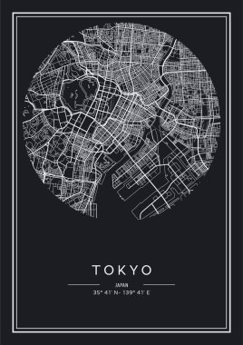 Siyah ve beyaz yazdırılabilir Tokyo şehir haritası, poster tasarımı, vektör listelemesi.