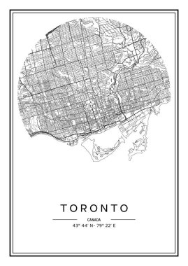 Siyah ve beyaz basılabilir Toronto şehri haritası, poster tasarımı, vektör listelemesi.