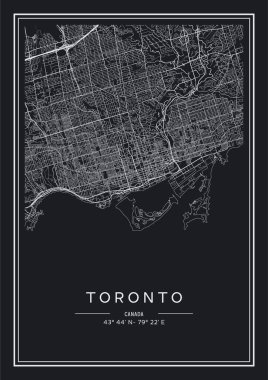 Siyah ve beyaz basılabilir Toronto şehri haritası, poster tasarımı, vektör listelemesi.