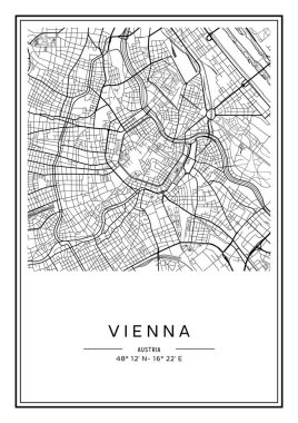 Siyah ve beyaz basılabilir Viyana şehir haritası, poster tasarımı, vektör listelemesi.