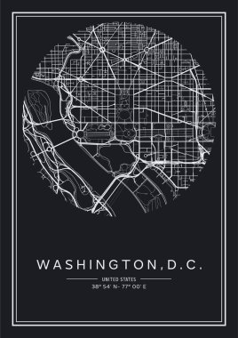 Siyah ve beyaz basılabilir Washington, D.C. şehir haritası, poster tasarımı, vektör ilüstrasyonu.