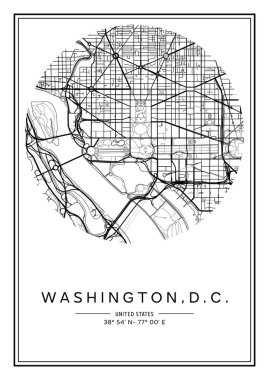 Siyah ve beyaz basılabilir Washington, D.C. şehir haritası, poster tasarımı, vektör ilüstrasyonu.