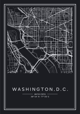 Siyah ve beyaz basılabilir Washington, D.C. şehir haritası, poster tasarımı, vektör ilüstrasyonu.