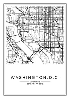 Siyah ve beyaz basılabilir Washington, D.C. şehir haritası, poster tasarımı, vektör ilüstrasyonu.