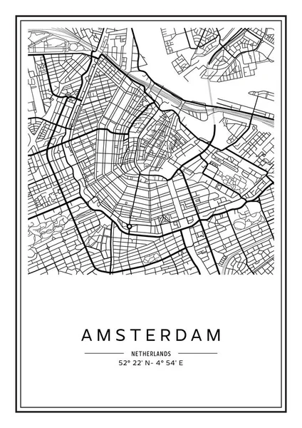Mapa Ámsterdam Imprimible Blanco Negro Diseño Póster Vector Illistration — Archivo Imágenes Vectoriales