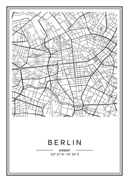Schwarz Weiß Bedruckbarer Berliner Stadtplan Plakatgestaltung Vektorillistration — Stockvektor