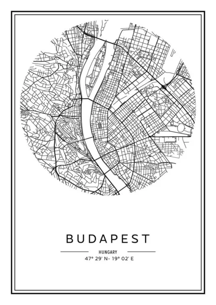 Schwarz Weiß Bedruckbarer Stadtplan Von Budapest Plakatgestaltung Vektorillistration — Stockvektor