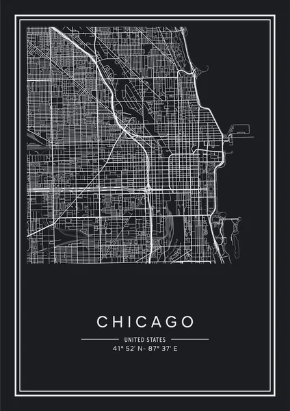 Mapa Chicago Imprimible Blanco Negro Diseño Póster Vector Illistration — Archivo Imágenes Vectoriales