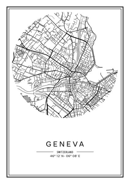 Mapa Ginebra Imprimible Blanco Negro Diseño Póster Vector Illistration — Vector de stock