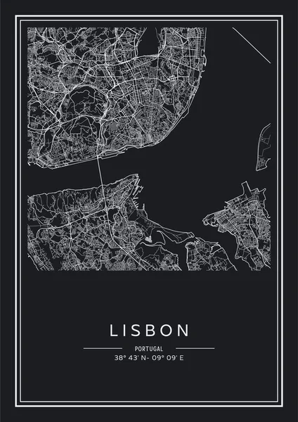 Mapa Lisboa Imprimible Blanco Negro Diseño Póster Vector Illistration — Vector de stock