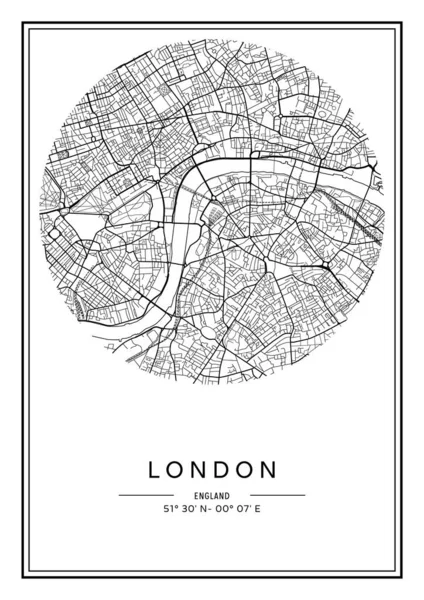Mappa Della Città Stampabile Bianco Nero Londra Design Poster Illistrazione — Vettoriale Stock