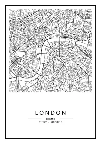 Svart Och Vitt Utskrivbara London Stadskarta Affisch Design Vektor Illistration — Stock vektor