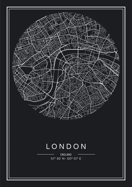 Černobílá Tištěná Mapa Londýna Design Plakátu Vektorová Ilustrace — Stockový vektor