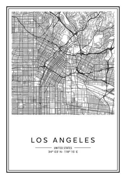 Blanco Negro Imprimible Los Ángeles Mapa Ciudad Diseño Póster Vector — Archivo Imágenes Vectoriales
