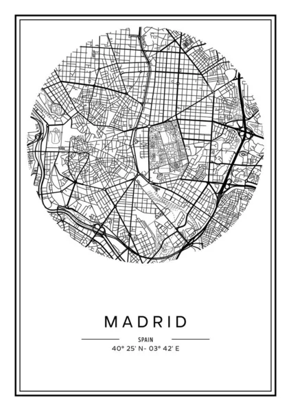 Mappa Della Città Stampabile Bianco Nero Madrid Disegno Poster Illistrazione — Vettoriale Stock