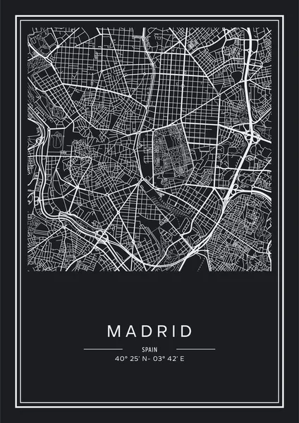 Mapa Madrid Imprimible Blanco Negro Diseño Póster Vector Illistration — Vector de stock