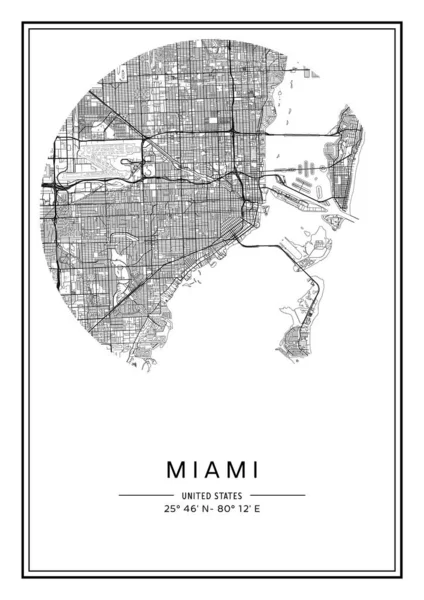 Mapa Miami Imprimible Blanco Negro Diseño Póster Vector Illistration — Archivo Imágenes Vectoriales