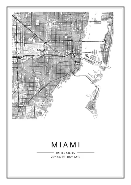 Mapa Miami Imprimible Blanco Negro Diseño Póster Vector Illistration — Archivo Imágenes Vectoriales