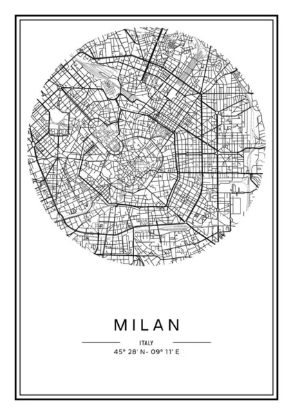 Mapa Milán Imprimible Blanco Negro Diseño Póster Vector Illistration — Vector de stock