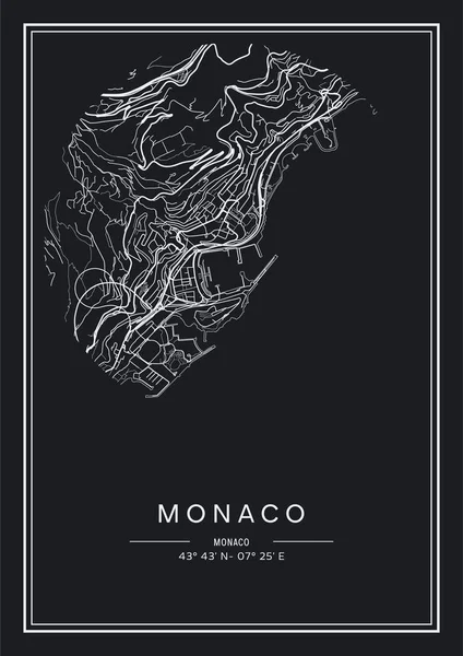 Siyah Beyaz Basılabilir Monako Şehir Haritası Poster Tasarımı Vektör Listelemesi — Stok Vektör