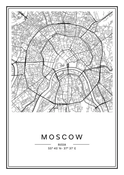 Mapa Moscú Imprimible Blanco Negro Diseño Póster Vector Illistration — Vector de stock