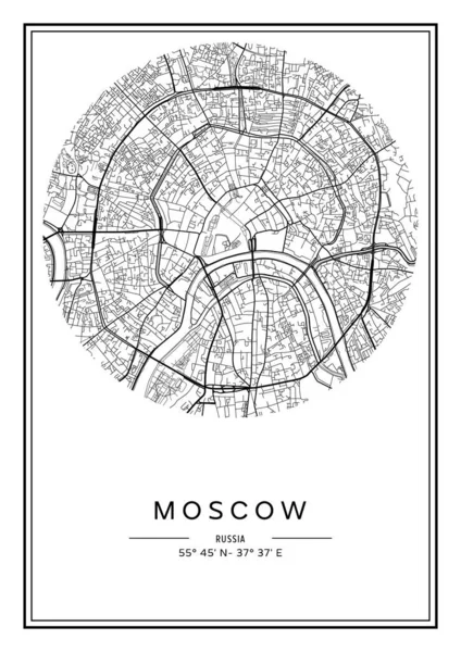 Siyah Beyaz Basılabilir Moskova Şehir Haritası Poster Tasarımı Vektör Ilüstrasyonu — Stok Vektör