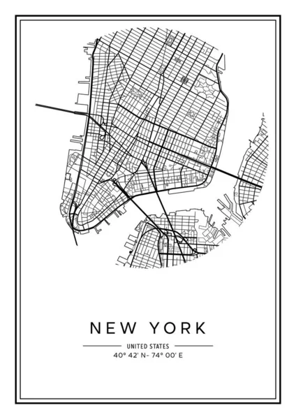 Mapa Nueva York Imprimible Blanco Negro Diseño Póster Ilustración Vectorial — Archivo Imágenes Vectoriales