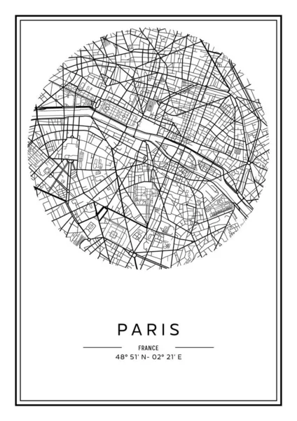 Mapa París Imprimible Blanco Negro Diseño Póster Vector Illistration — Vector de stock