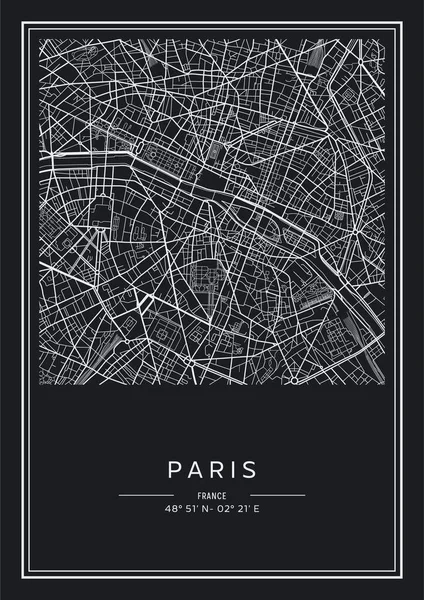 Schwarz Weiß Bedruckbarer Paris Stadtplan Plakatdesign Vektorillistration — Stockvektor