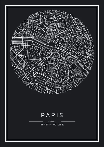 Mapa París Imprimible Blanco Negro Diseño Póster Vector Illistration — Vector de stock