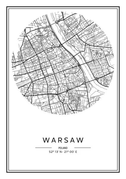 Schwarz Weiß Bedruckbarer Warschauer Stadtplan Plakatgestaltung Vektorillistration — Stockvektor
