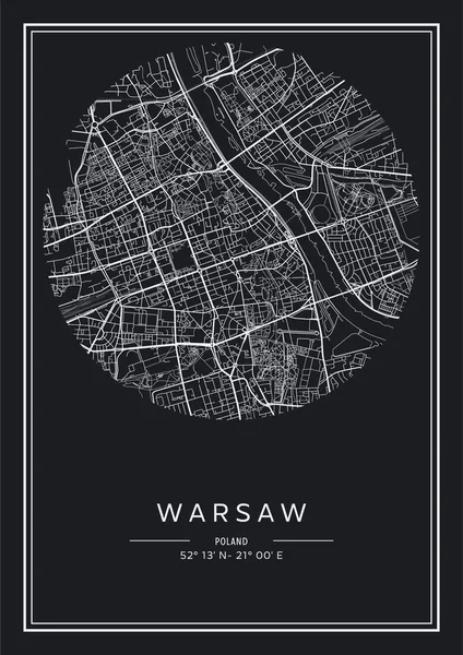 Mappa Della Città Stampabile Bianco Nero Varsavia Disegno Poster Illistrazione — Vettoriale Stock